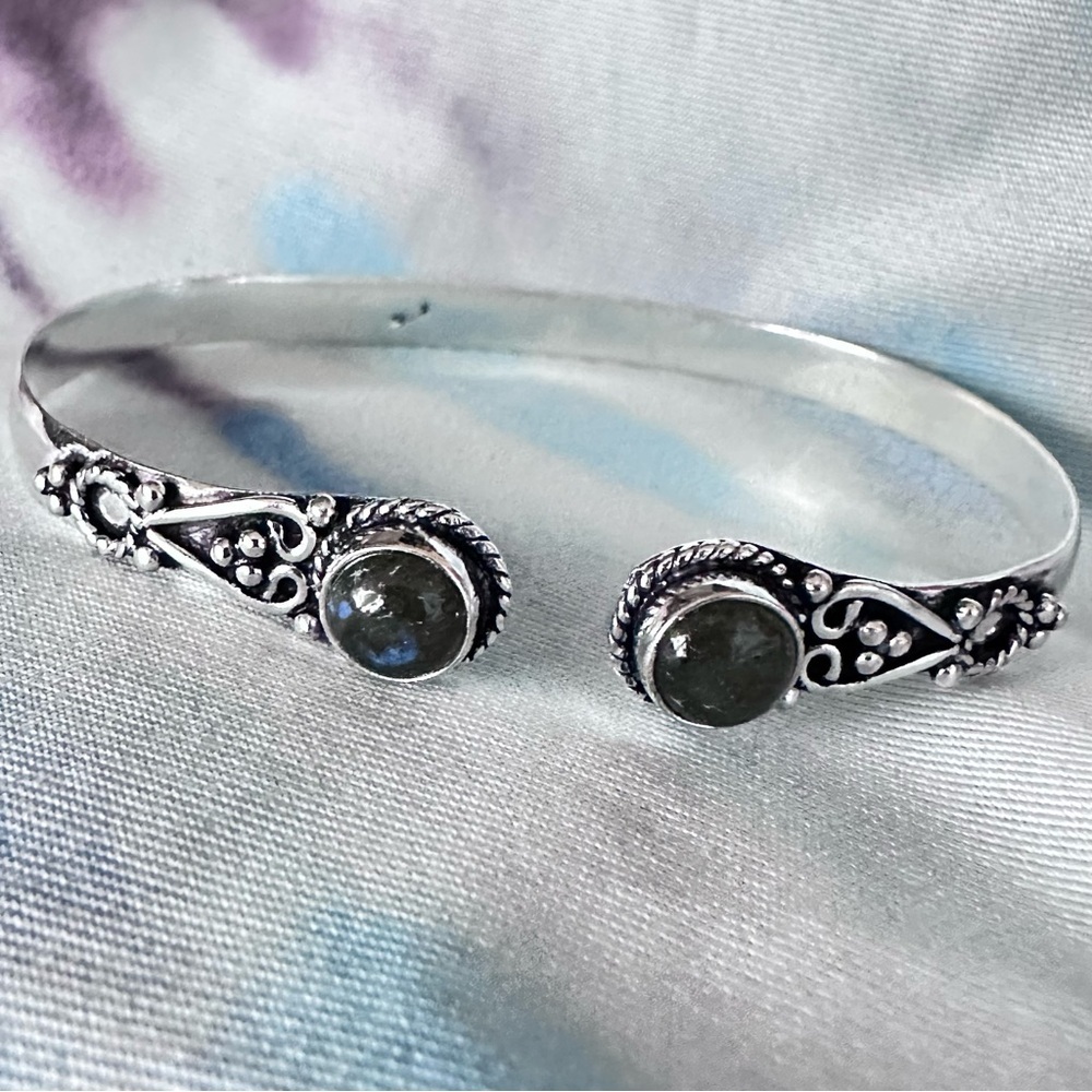 Hand Crafted Artisan Silver Open Cuff Bracelet, 2 Labradorite Accent Stones 7’